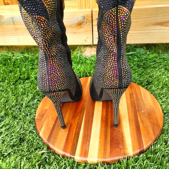 Sexy & Fun Black & Gold Rhinestone Flame Detail Sexy OTK Thigh Boots - Picture 9 of 16